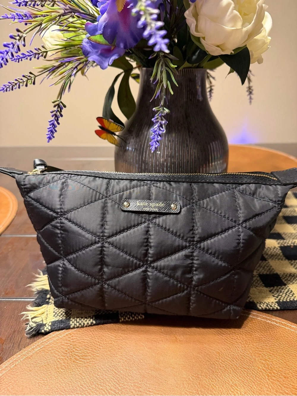 Kate Spade Quilted Black Cosmetic Pouch - Compact Travel Makeup Bag